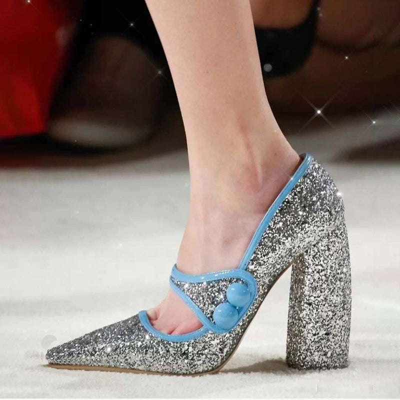 French Pointed Toe Heels, Silver Sequined High Heels, Women's Sparkling Shoes - available at Sparq Mart