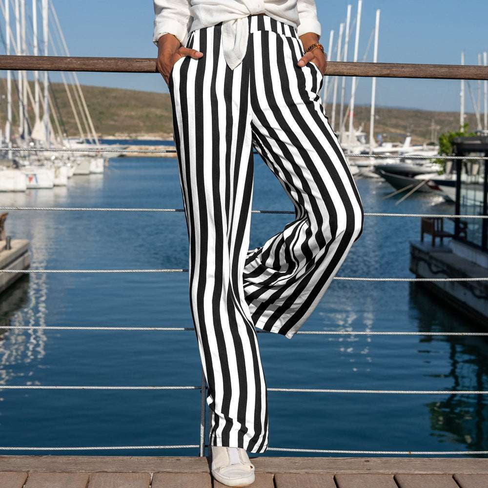 casual striped pants, linen trousers women, loose straight-leg pants - available at Sparq Mart