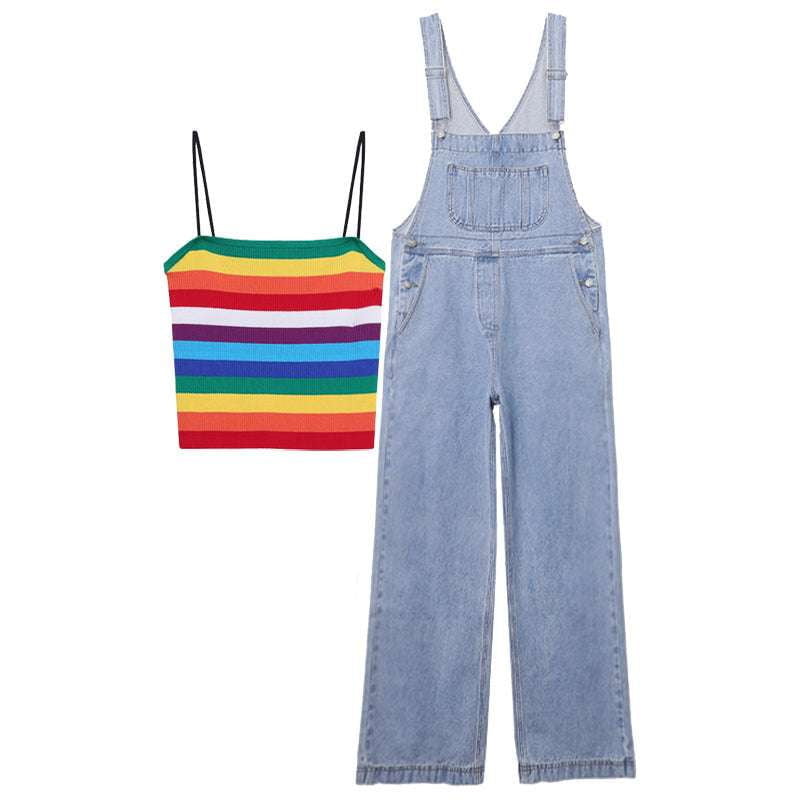 denim suspender pants, fashionable sling trousers, wide-leg overalls - available at Sparq Mart