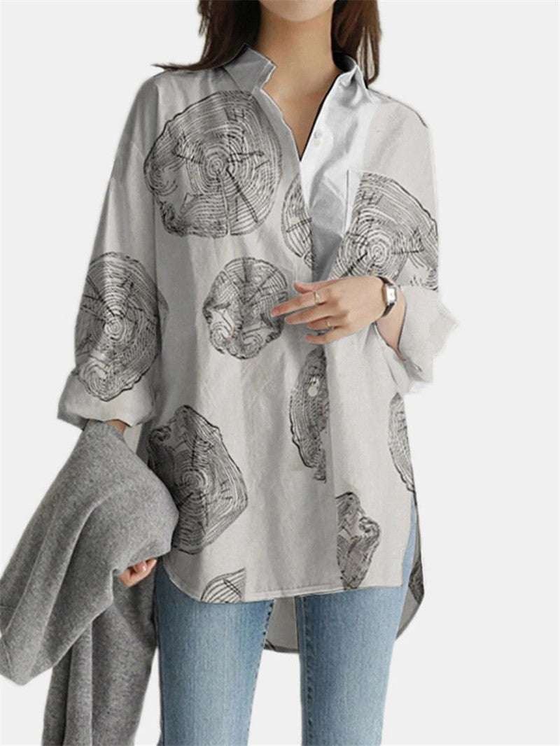 Casual Cotton Top, Linen Printed Shirt, Loose Long-sleeve - available at Sparq Mart