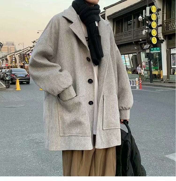 Casual Mid-Length Overcoat, Korean Design Wool Coat, Men's Wool Corduroy Coat - available at Sparq Mart