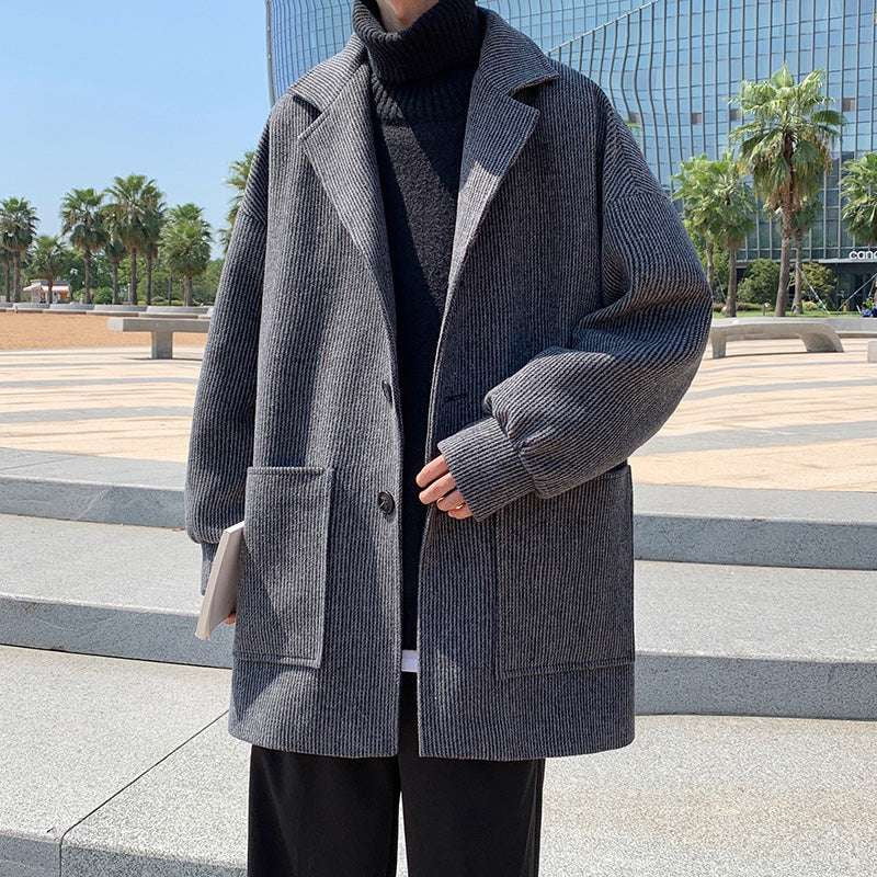 Casual Mid-Length Overcoat, Korean Design Wool Coat, Men's Wool Corduroy Coat - available at Sparq Mart