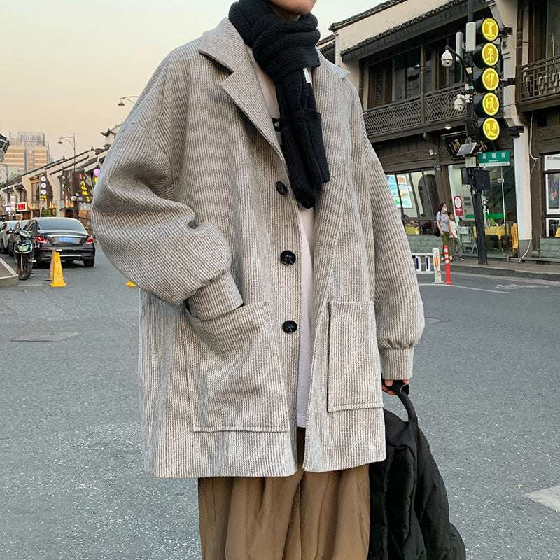 Casual Mid-Length Overcoat, Korean Design Wool Coat, Men's Wool Corduroy Coat - available at Sparq Mart