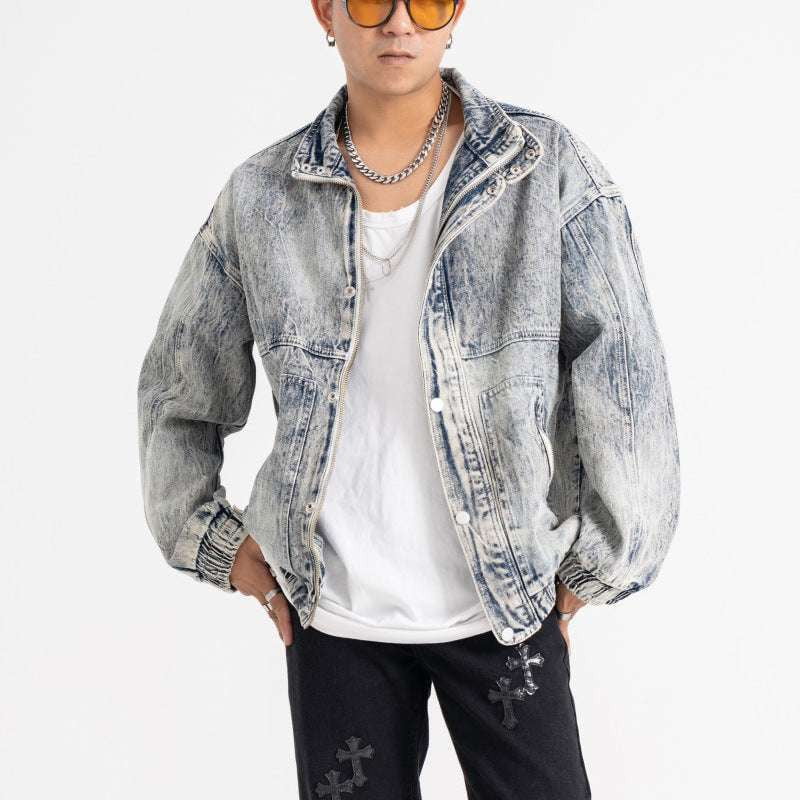 Men's Denim Jacket, Stand-up Collar Jacket, Washed Blue Denim - available at Sparq Mart