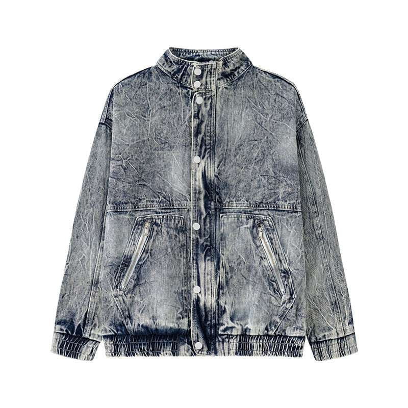 Men's Denim Jacket, Stand-up Collar Jacket, Washed Blue Denim - available at Sparq Mart