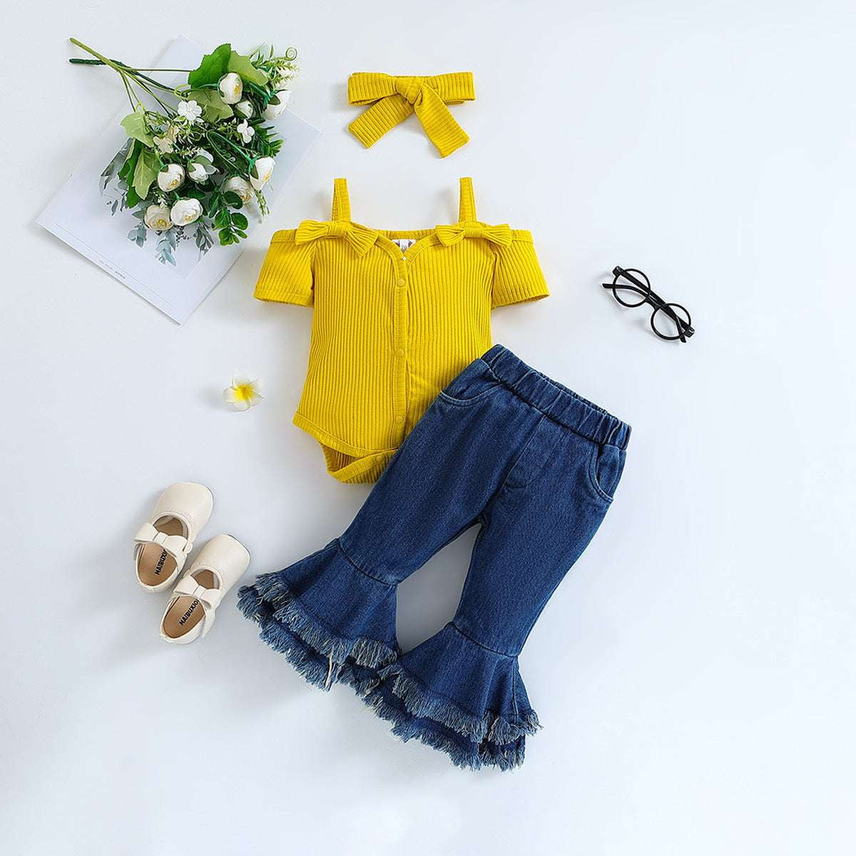 Baby Romper Set, Girls Denim Outfit, Short Sleeve Playsuit - available at Sparq Mart