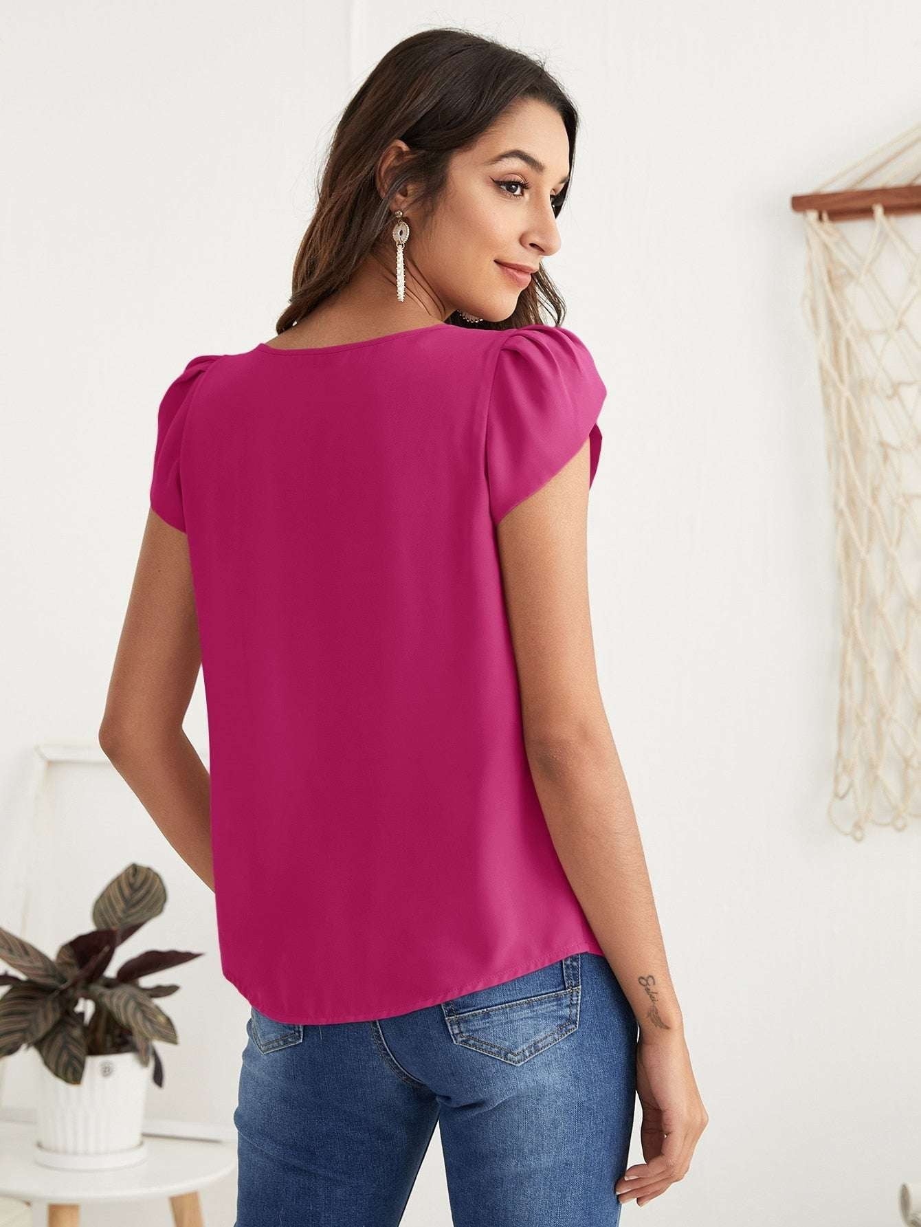 Chiffon casual tops, Short-sleeve round neck shirts, Solid color blouses - available at Sparq Mart