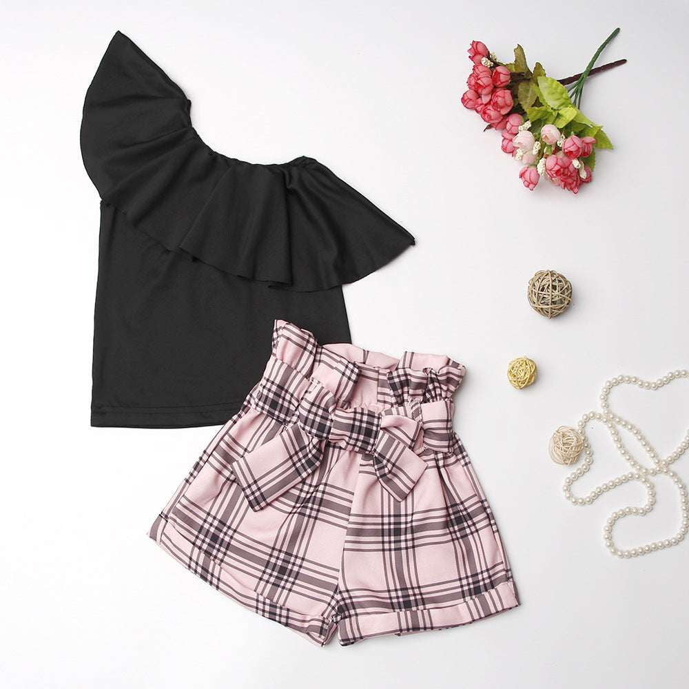 diagonal shoulder top, flower bud shorts, girls plaid outfit - available at Sparq Mart