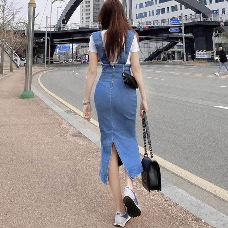 Denim Suspender Skirt, Fashionable Midi Skirt, High Waist Skirt - available at Sparq Mart