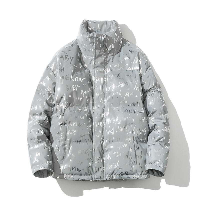 Fashionable padded jacket, reflective letter jacket, stand collar jacket - available at Sparq Mart