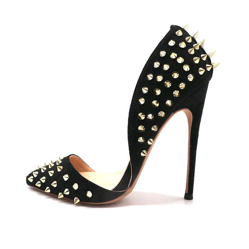 black suede shoes, gold rivet accents, trendy women's shoes - available at Sparq Mart