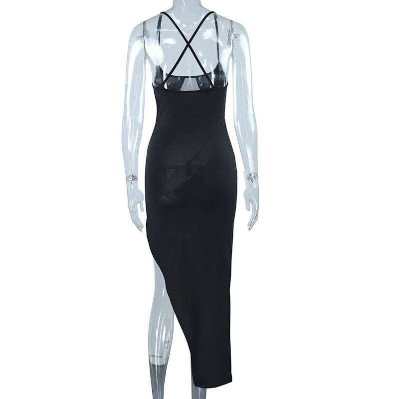 contrast slit dress, elegant sling dress, mesh patchwork dress - available at Sparq Mart