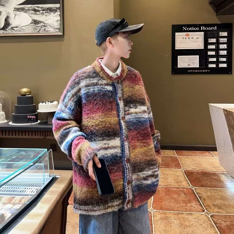 colorful vintage outerwear, rainbow contrast coat, retro knit sweater - available at Sparq Mart