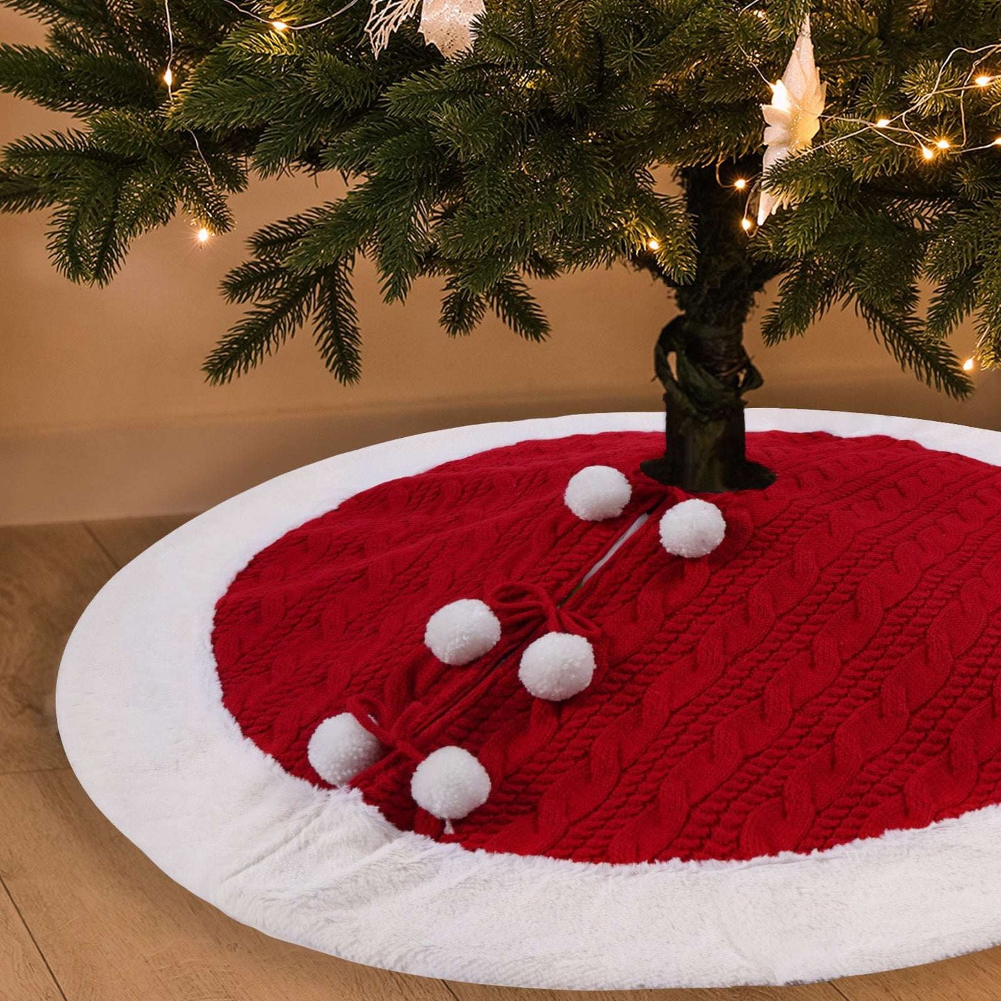 Knitted Christmas Tree Skirt, Pompon Christmas Tree Skirt, White Christmas Tree Skirt - available at Sparq Mart