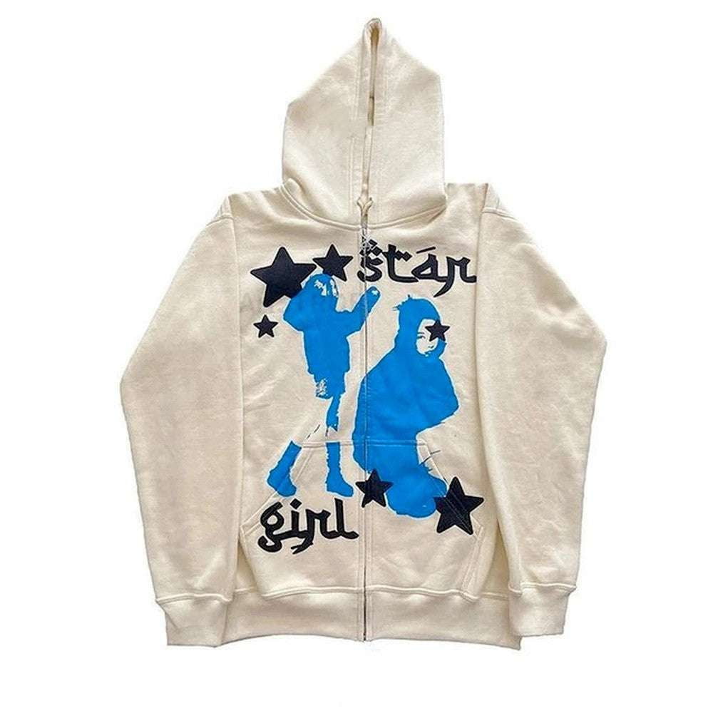 Hip Hop Sweatshirt, Star Print Hoodie, Zip Hoodie Women - available at Sparq Mart