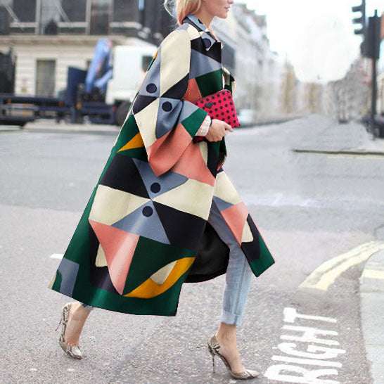 Colorful Long Coat, Geometric Print Windbreaker, Women's Loose Coat - available at Sparq Mart